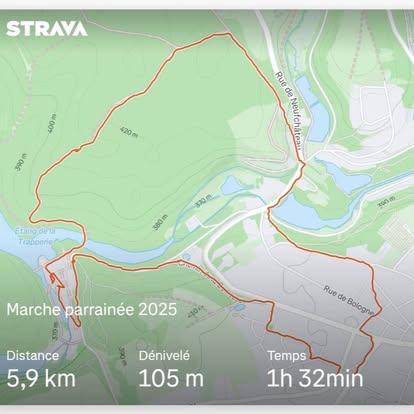 Peut être une image de ‎texte qui dit ’‎STRAVA 400m 420m m 390m RuedeNeutchâtean Neuf Neufchâtean Rue de Etang,dela Trapperie 370m 380m 300m و Marche Marcheparrainée20 parrainée 2025 10m Rue de Bologne Distance 5,9 km 00 Dénivelé 105 m Temps 1h 32min‎’‎
